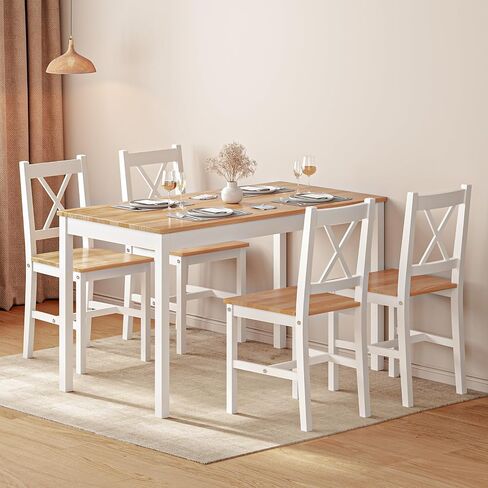 SogesHome 42.52'' Dining Table Set with 4 Chairs, 5-Piece Modern Chic Design, Premium Construction, Versatile Functionality, Easy Assembly, Oak and White Finish, Oak in Kuwait