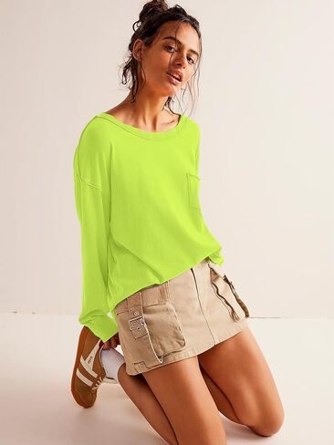 تي شيرت نسائي بأكمام طويلة من ATHMILE بلوزة غير رسمية بياقة دائرية 2023 Y2K تي شيرت أساسي in Kuwait