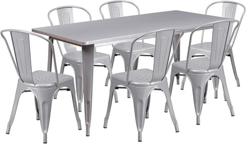 Flash Furniture درجة تجارية 31.5 × 63 بوصة طقم طاولة مستطيلة من المعدن الفضي للاستخدام الداخلي والخارجي مع 6 كراسي مكدسة in Kuwait