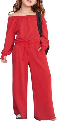 بذلة كاجوال للفتيات من Haloumoning بأكمام طويلة مكشوفة الأكتاف وواسعة الساق فضفاضة مع جيوب من 5 إلى 14 سنة in Kuwait