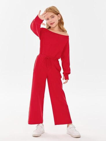 بذلة كاجوال للفتيات من Haloumoning بأكمام طويلة مكشوفة الأكتاف وواسعة الساق فضفاضة مع جيوب من 5 إلى 14 سنة in Kuwait