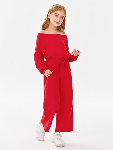 بذلة كاجوال للفتيات من Haloumoning بأكمام طويلة مكشوفة الأكتاف وواسعة الساق فضفاضة مع جيوب من 5 إلى 14 سنة in Kuwait