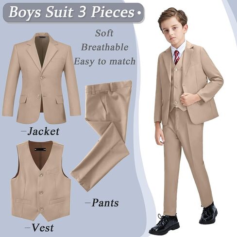 Boys' 3 Piece Suit Set with Suit Jacket, Vest, Pants, Formal Tuxedos Slim Fit Ring Bearer Outfit Size 2-20 in Kuwait