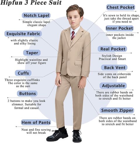 Boys' 3 Piece Suit Set with Suit Jacket, Vest, Pants, Formal Tuxedos Slim Fit Ring Bearer Outfit Size 2-20 in Kuwait