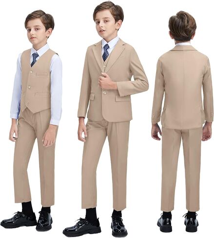 Boys' 3 Piece Suit Set with Suit Jacket, Vest, Pants, Formal Tuxedos Slim Fit Ring Bearer Outfit Size 2-20 in Kuwait