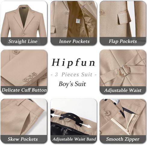 Boys' 3 Piece Suit Set with Suit Jacket, Vest, Pants, Formal Tuxedos Slim Fit Ring Bearer Outfit Size 2-20 in Kuwait