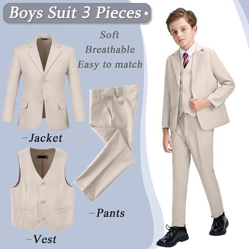 Boys' 3 Piece Suit Set with Suit Jacket, Vest, Pants, Formal Tuxedos Slim Fit Ring Bearer Outfit Size 2-20 in Kuwait