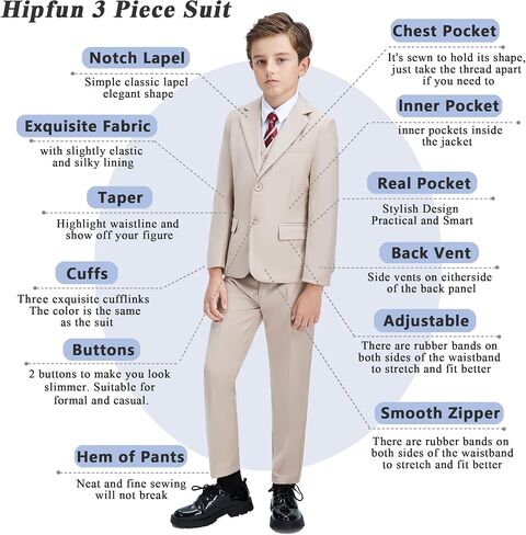 Boys' 3 Piece Suit Set with Suit Jacket, Vest, Pants, Formal Tuxedos Slim Fit Ring Bearer Outfit Size 2-20 in Kuwait