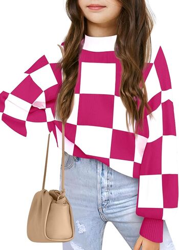 Girls Sweaters Kids Fashion Plaid Mock Neck Pullover Sweater Tops 5-14 Years in Saudi Arabia