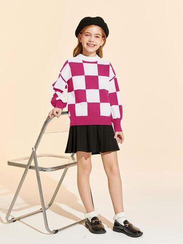 Girls Sweaters Kids Fashion Plaid Mock Neck Pullover Sweater Tops 5-14 Years in Saudi Arabia