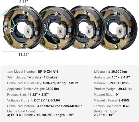 VEVOR Electric Trailer Brake Assembly, 10" x 2-1/4", 2 Pairs Self-Adjusting Electric Brakes Kit for 3500 lbs Axle, 4-Hole Mounting, Backing Plates for Brake System Part Replacement (2 Right + 2 Left) in Saudi Arabia