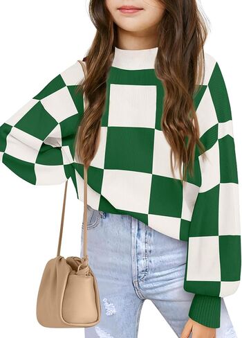 Girls Sweaters Kids Fashion Plaid Mock Neck Pullover Sweater Tops 5-14 Years in Saudi Arabia
