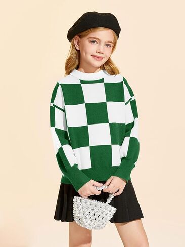 Girls Sweaters Kids Fashion Plaid Mock Neck Pullover Sweater Tops 5-14 Years in Saudi Arabia