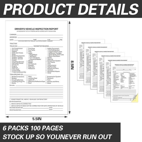 6 Pack Detailed Driver's Vehicle Inspection Report Book/Forms - 2 Part Carbonless 5.5" x 8.5" -Daily Pre Trip Inspection Reports - 50 Sets of Forms Per DVIR Book - Suitable for Drivers and Truckers in Saudi Arabia