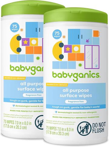 Babyganics مناديل سطحية لجميع الأغراض، خالية من العطور، 75 قطعة (عبوة من 2)، نباتية وغير كاشطة، خالية من الأمونيا، بدون مبيضات in Kuwait