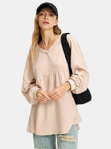 EXLURA Womens Fall Long Sleeve Shirts V Neck Casual Maternity Tops Loose Babydoll Pullover Dressy Tunic Blouses Outfits 2024 in Saudi Arabia