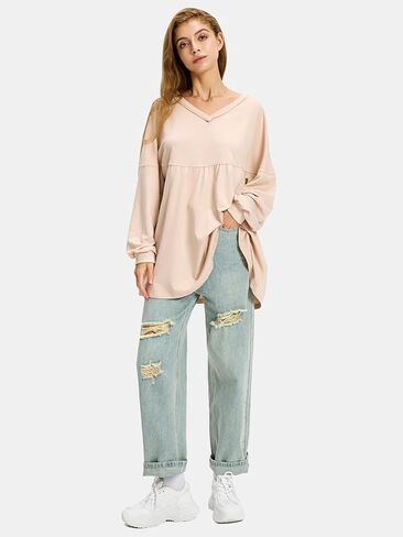 EXLURA Womens Fall Long Sleeve Shirts V Neck Casual Maternity Tops Loose Babydoll Pullover Dressy Tunic Blouses Outfits 2024 in Saudi Arabia