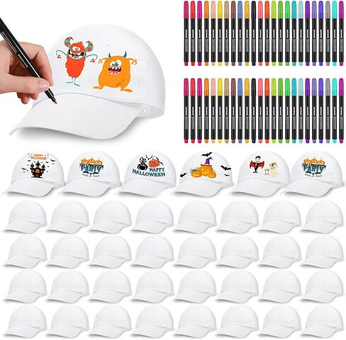 Funnysoft 16 قطعة من قبعات الهالوين البيضاء DIY للأطفال مع 24 لونًا من القماش قلم تحديد قبعات بيسبول فارغة لحفلات الهالوين مع حزام خلفي مجمع لمستلزمات الهالوين (32 قطعة) in Kuwait