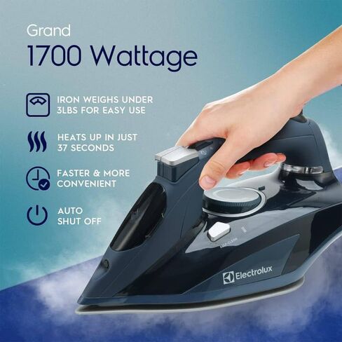 مكواة بخار الكترولوكس الاحترافية للملابس، مكواة ملابس بقوة 1700 واط مع حرارة سريعة، مكواة بخار قابلة للتعديل وقاعدة سيراميك ذاتية التنظيف - أزرق، LX1700 in Kuwait