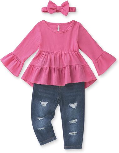 Toddler Girl Clothes Long Sleeve Ruffle Dress Top and Jeans Pants Toddler Girl Fall Outfits in Saudi Arabia
