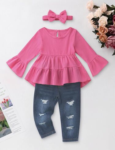 Toddler Girl Clothes Long Sleeve Ruffle Dress Top and Jeans Pants Toddler Girl Fall Outfits in Saudi Arabia