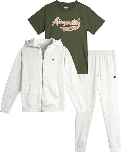 AEROPOSTALE Boys' Sweatsuit Set - 3 Piece Fleece Zip Hoodie Sweatshirt, Cargo Jogger Sweatpants, and T-Shirt (4-16) in Saudi Arabia