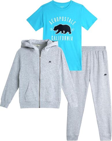 AEROPOSTALE Boys' Sweatsuit Set - 3 Piece Fleece Zip Hoodie Sweatshirt, Cargo Jogger Sweatpants, and T-Shirt (4-16) in Saudi Arabia