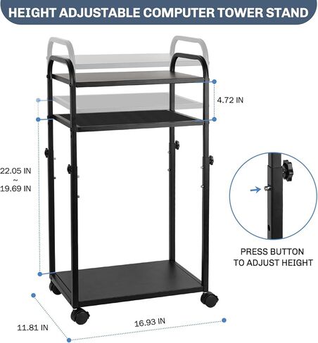 حامل برج الكمبيوتر بارتفاع قابل للتعديل، حامل كمبيوتر شخصي مع عجلات قفل، حامل برج كمبيوتر تحت المكتب لملحقات الألعاب المنزلية والمكتبية، يناسب معظم أجهزة الكمبيوتر (3 طبقات) in Kuwait