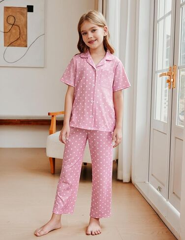 Arshiner Pajamas for Girls Short Sleeve Long Pants Outfit 2 Piece Sleepwear Button Pjs Sets in Saudi Arabia