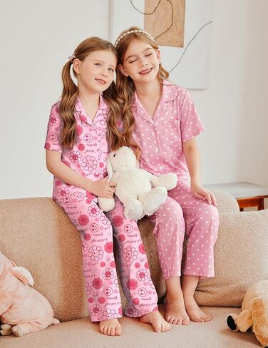 Arshiner Pajamas for Girls Short Sleeve Long Pants Outfit 2 Piece Sleepwear Button Pjs Sets in Saudi Arabia