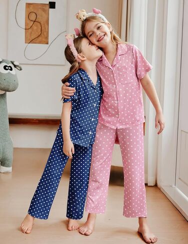 Arshiner Pajamas for Girls Short Sleeve Long Pants Outfit 2 Piece Sleepwear Button Pjs Sets in Saudi Arabia