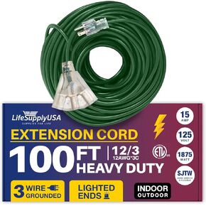 6 ft Power Extension Cord Outdoor & Indoor Heavy Duty 12 Gauge/3 Prong SJTW (Orange) Lighted end 3-Outlet Extra Durability 15 AMP 125 Volts 1875 Watts ETL Listed by LifeSupplyUSA