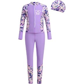 ABAFIP Kids Modest One Piece Swimsuit Boys Girls Long Sleeve Zipper Wetsuit Rash Guard Bathing suit set