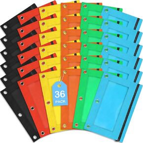 SpringFlower 36 Pack Pencil Pouch for 3 Ring Binder, Pencil Pouch in 6 Assorted Colors, Smooth Zipper Pencil Pouch Bulk for School and Office Supplies with Clear Window