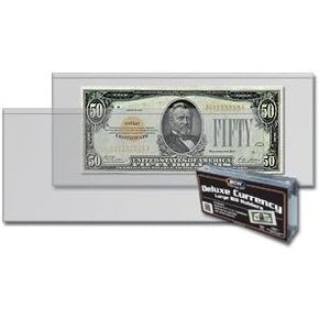 BCW Large Bill Deluxe Currency Holders - 50ct | Deluxe Archival Safe Bill Protector Sleeves | High Clarity Double-Polished Clear Vinyl | for Collectors and Numismatics | Large Currency Holders