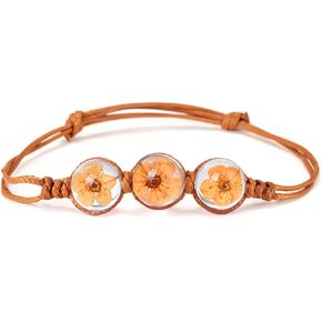 RINHOO Handmade Dry Pressed Flower Cherry Blossom Gemstone Glass Cover Charms Adjustable Rope Strand Bangle Bracelet Women Girls Jewelry