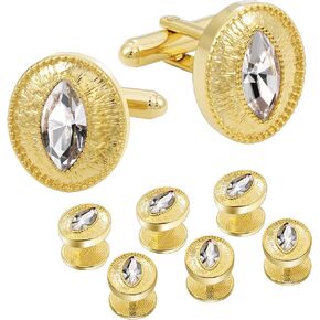 Gold Cufflinks for Men and Tuxedo Studs Set, TAIGRAMA Cuff Links Mens and Tuxedo Shirt Buttons, Classic Crystal Mens Cufflinks for Shirt Formal Kit Business or Wedding