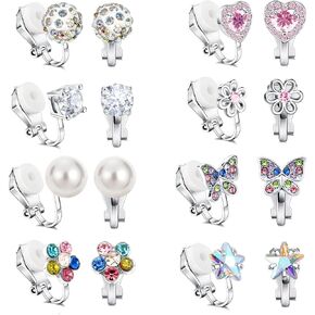 Yowivon Clip on Earrings for Girls Women Silver Non Pierced Cubic Zirconia Cute Earrings Heart Star Butterfly Flower Pearl Ball Colorful Hypoallergenic Stud Earring Set for Teen