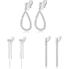 HZMAN 3Pair Clip on Earrings for Women Non Pierced Silver Long Tassel/Teardrop Crystal Cubic Zirconia Dangle Drop Earring Party Wedding Jewelry Gift