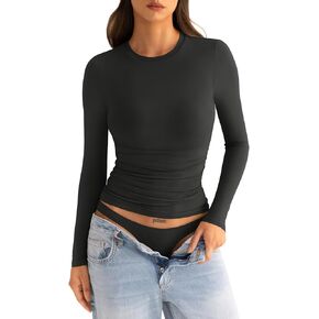 Womens Ruched Long Sleeve Shirts Crewneck Double Lined Top Fitted Basic Tight Tee Fall Fashion Clothes 2024