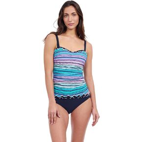 Profile by Gottex Women's Harmony Blue Stripe Ruffle Trim E-cup Tankini Bathing Suit Top Swim Essential