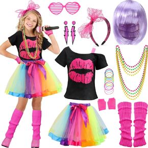 27pcs Kids 80s Outfit Costume Girls 80s Wig Legwarmers Shirt Dress Glasses Earrings Accessories Halloween Party Supplies
