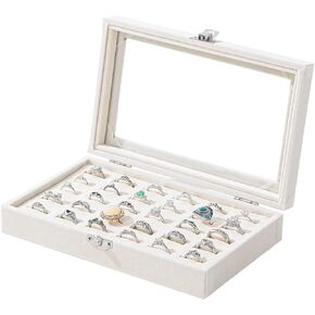 Julysky Rings Organizer Tray, Velvet Jewelry Ring Storage Box with Transparent lid Jewelry Ring Box,Jewelry Display Case (Beige, 100 Slots)