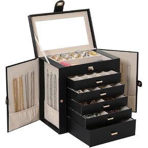 Large Jewelry Organizer，6-Layer 5 Drawer Synthetic Leather Jewellery Boxes for Women，Necklace Organizer Box with Mirrored ，Store Earrings, Rings, Watches.keeps Jewellery Organized (Black)