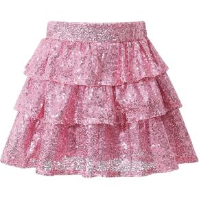 Girls Sequin Skirts 3-Layer Ruffle Elastic Waist Sparkly Skirt Party Festival Clothes