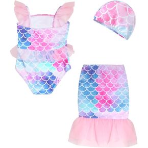 Swimwear Set, Girls Swimsuit 3 Piece Set, Swim Cap, One Piece Swimsuit with Cover Up Skirt