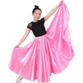 Girls Satin Full Circle Long Dance Skirt Ankle Length Shiny Satin Swing Skirt for Girls 8-12 Years Belly Dance Long Skirt