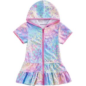 Kid Girls Swim Cover Up Kid Hooded Zip-Up Terry Swimsuit Coverup Towel Bathing Suit Bathrobe Pool Beach Robe Dress