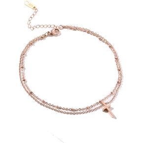 Rose Gold Ankle Bracelets for Women - Adjustable Dainty Layered Cross Anklet in RoseGold Perfect for Teen Girls,Ladies - Fashion Stainless Steel Layered Link Foot Jewellery