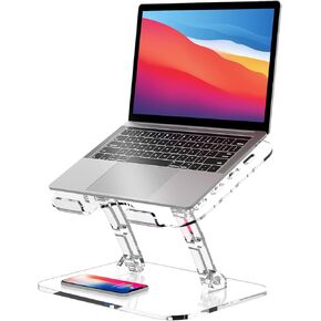 Lpoake 2023 Upgraded Acrylic Laptop Stand for Desk Clear Laptop Riser Adjustable Height White Computer Stand for Laptop Compatible with 10 to 15.6 Inches Laptops (Transparent)